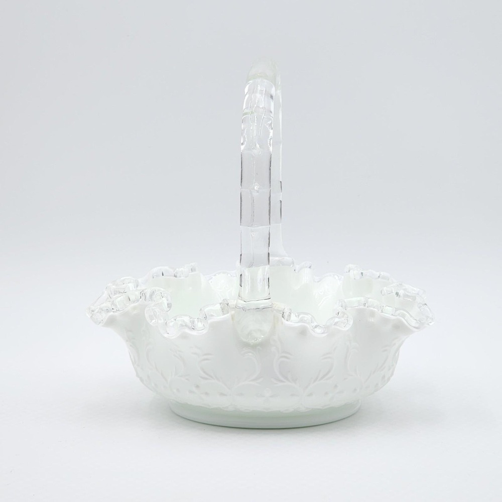 Fenton Spanish Lace White Milk Glass Silver Crest Basket Clear Rim Vintage - Picture 2 of 13